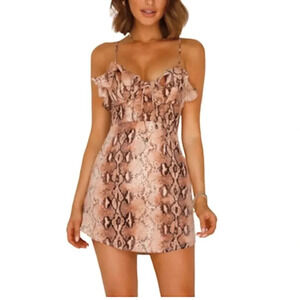Here Comes The Sun snake skin print mini dress, brown tan cream. Women’s size S